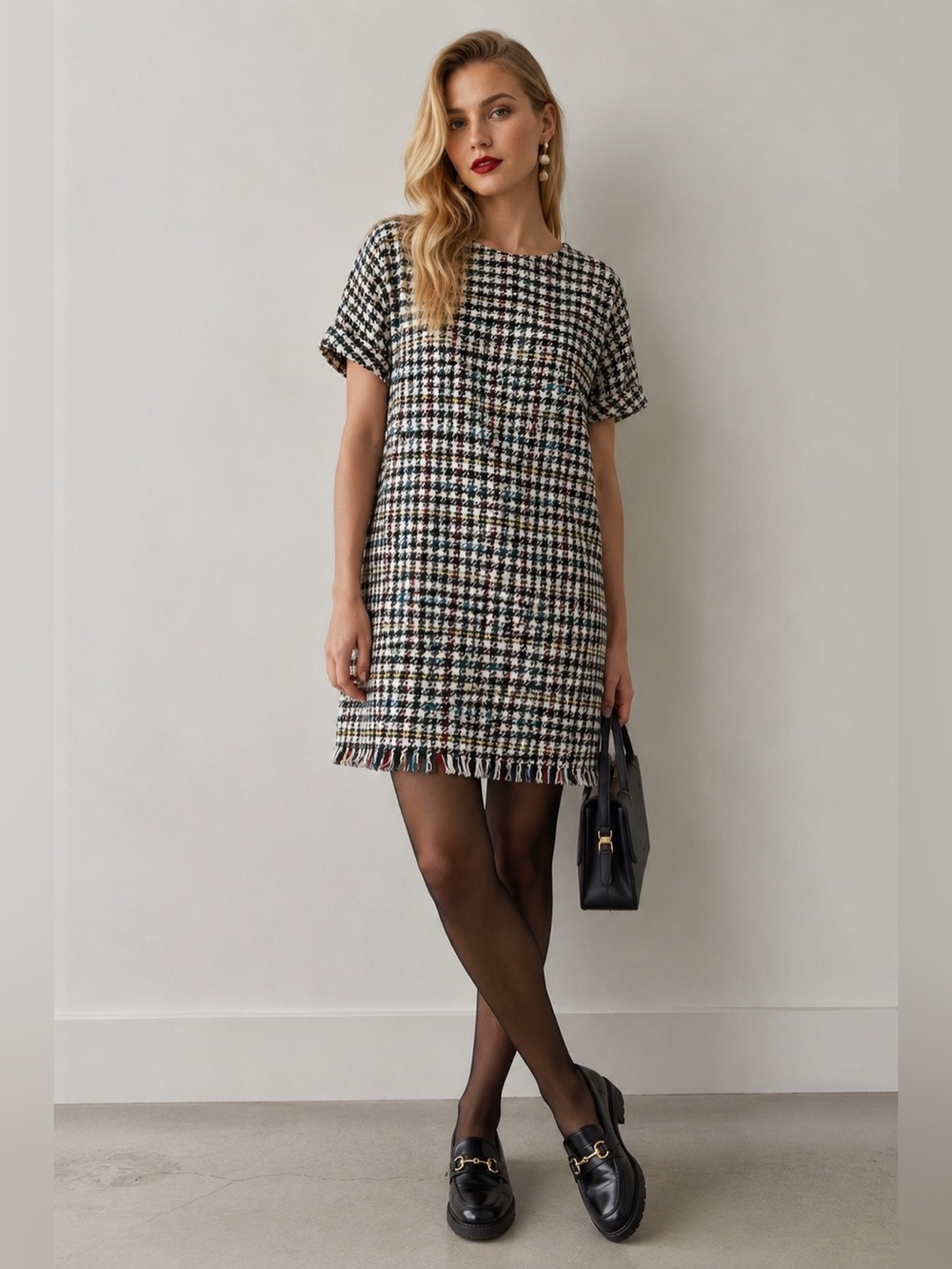 Zara Trafaluc Tweed Wool Blend Houndstooth Fringe Shift Dress M Indie Preppy